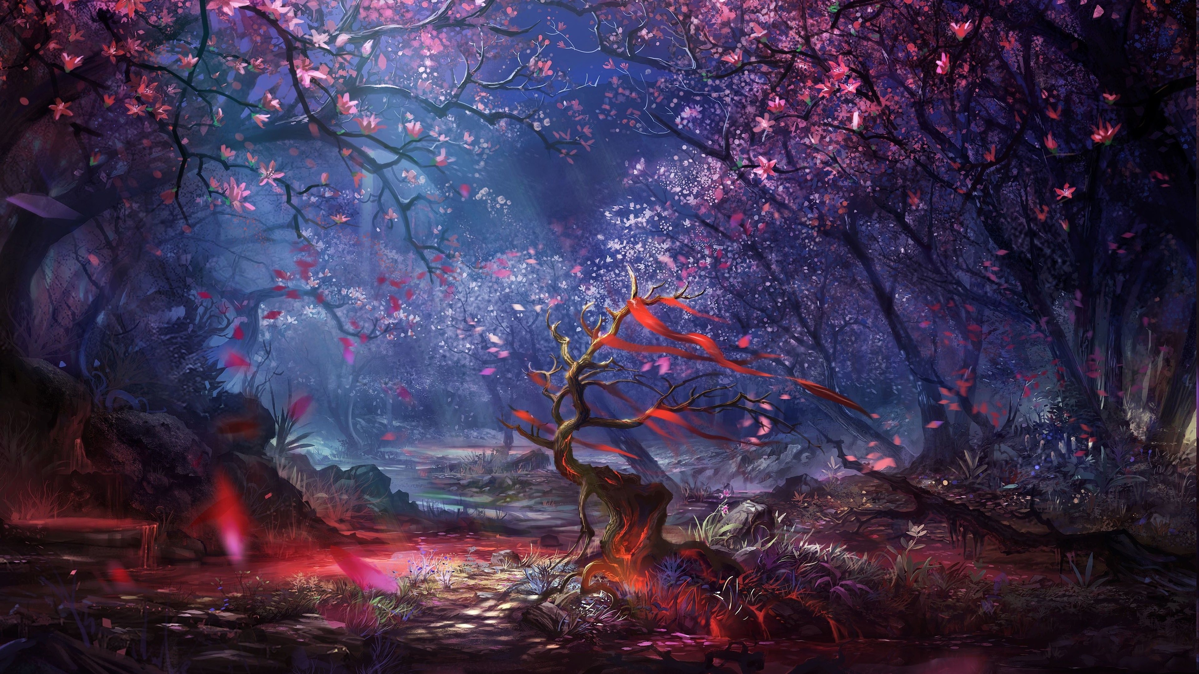 A stunning 4K wallpaper showcasing a magical forest with glowing pink blossoms and a touch of ethereal red accents