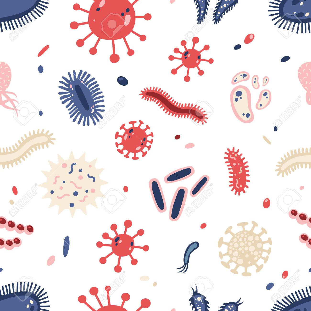 Seamless Pattern With Various Microorganisms On White Background