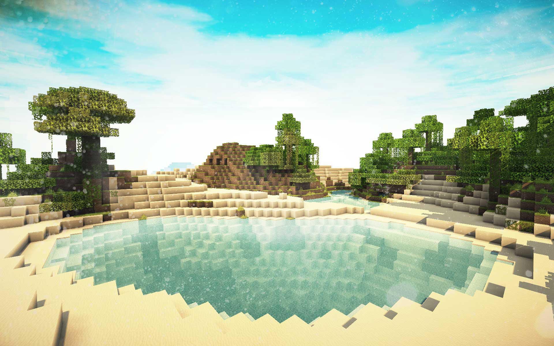 A pixelated Minecraft landscape featuring a tranquil oasis with a clear blue pool surrounded by sandy shores and lush green trees