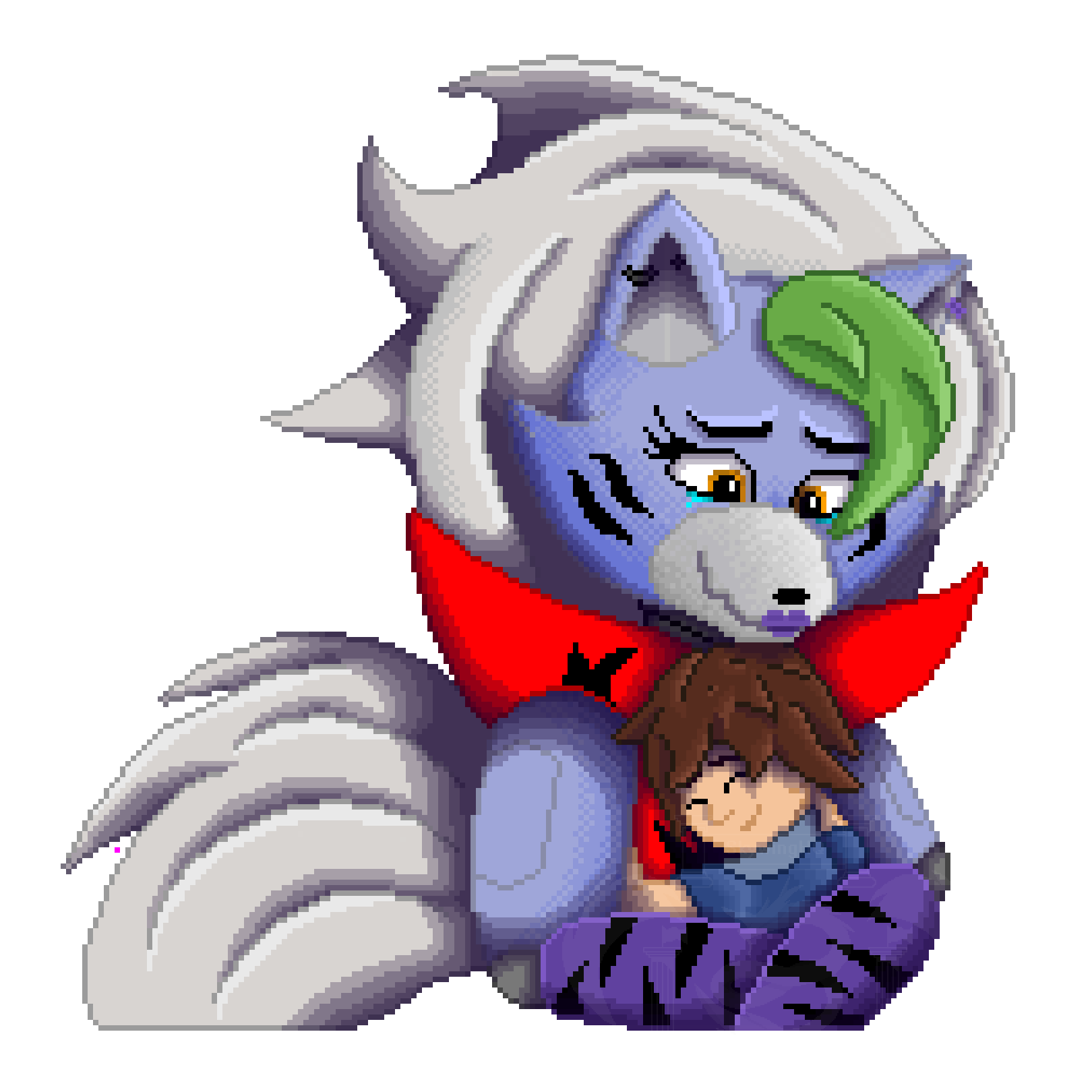 Pixel art of a large, light purple and white anthropomorphic canine comforting a smaller, brown-haired human character. The canine has long, flowing white hair, a green tuft of fur on its head, and purple tiger stripes on its cheeks. It wears a red collar or cape and seems to be crying. The human character is nestled in the canine's arms and appears to be seeking comfort