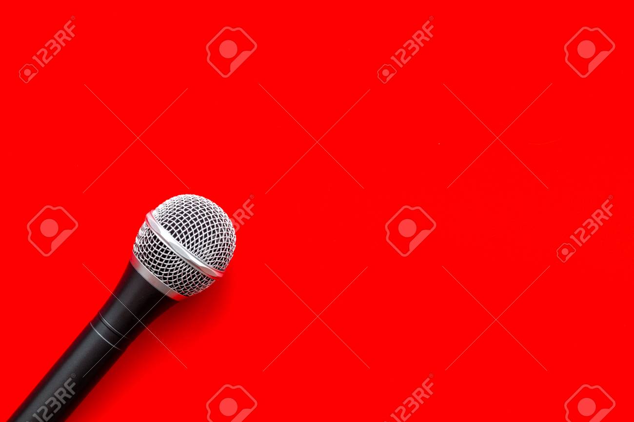 Podcast Record With Microphone On Red Background Top Space