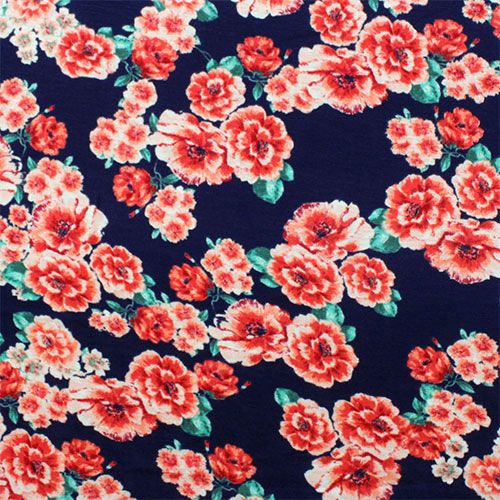 Pink Floral On Navy Blue Cotton Spandex Blend Knit Fabric Soft And