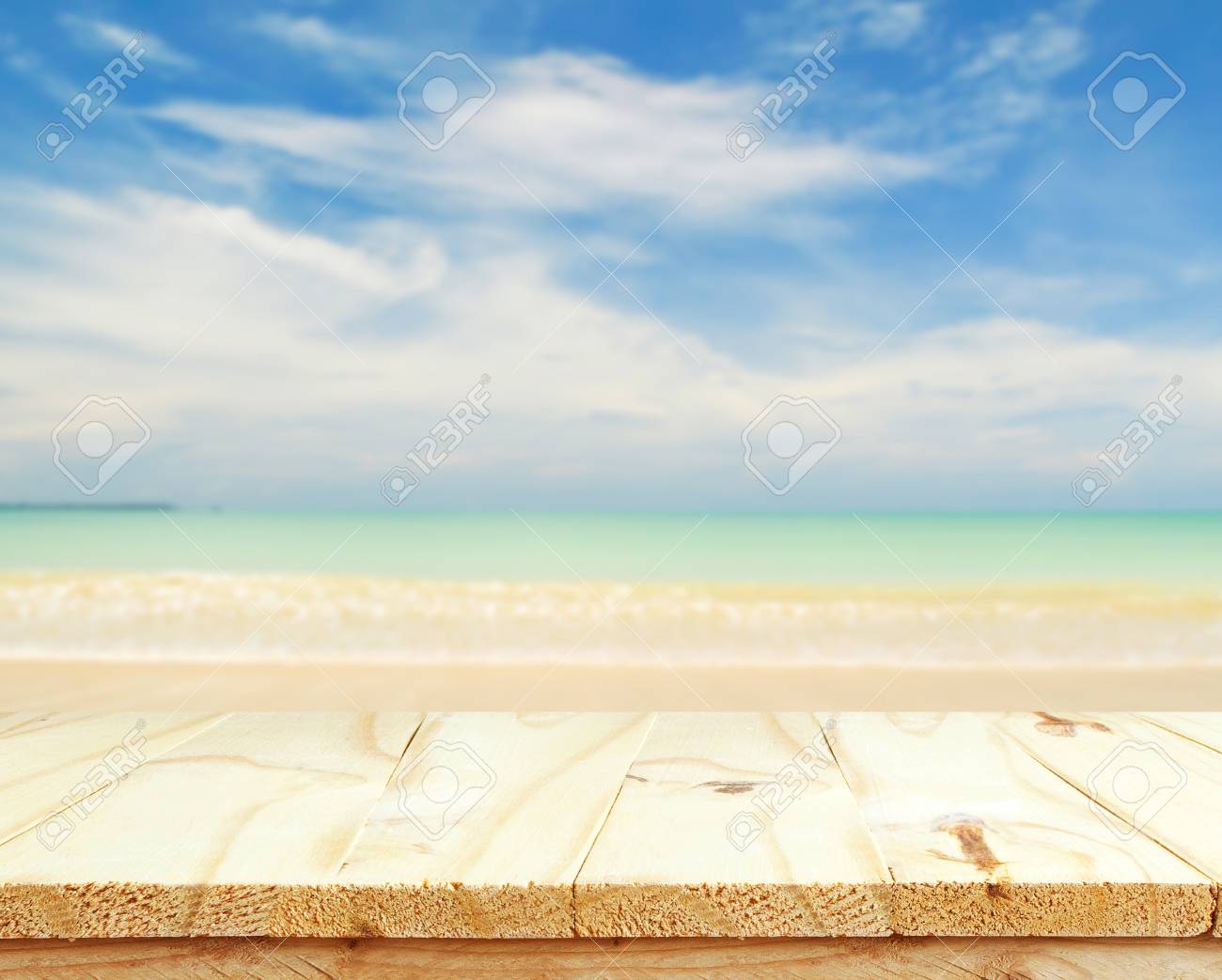 Wooden Floor And Sea Landscape Background Relaxation Or Vacation