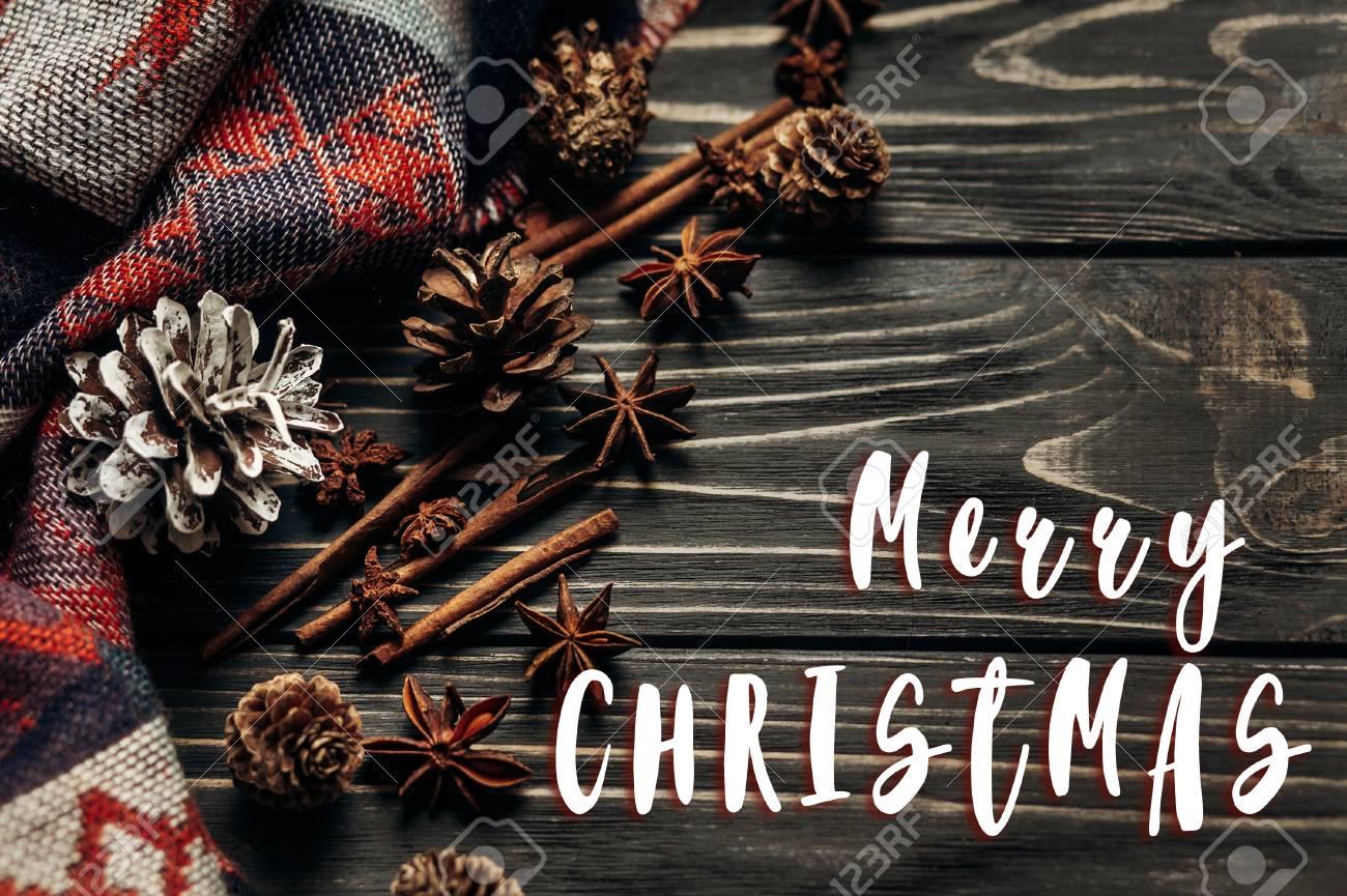 Merry Christmas Text Sign Greeting On Stylish Rustic Winter Or