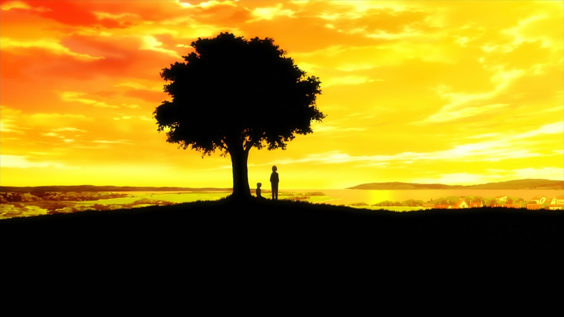 Sunset Trees Silhouettes Anime Wallpaper