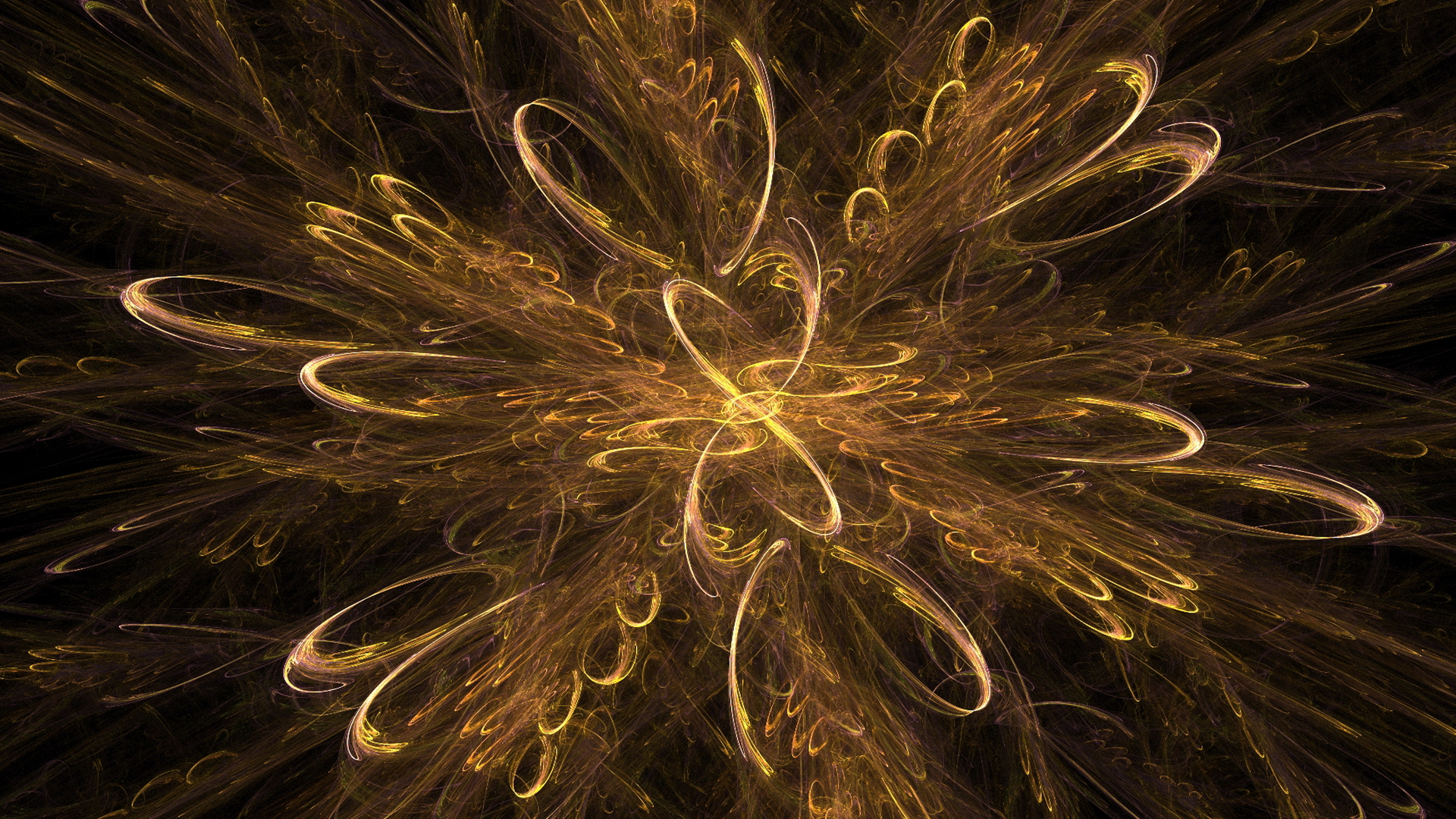 Abstract golden fractal design on a black background, resembling swirling gold dust or an explosion of golden energy