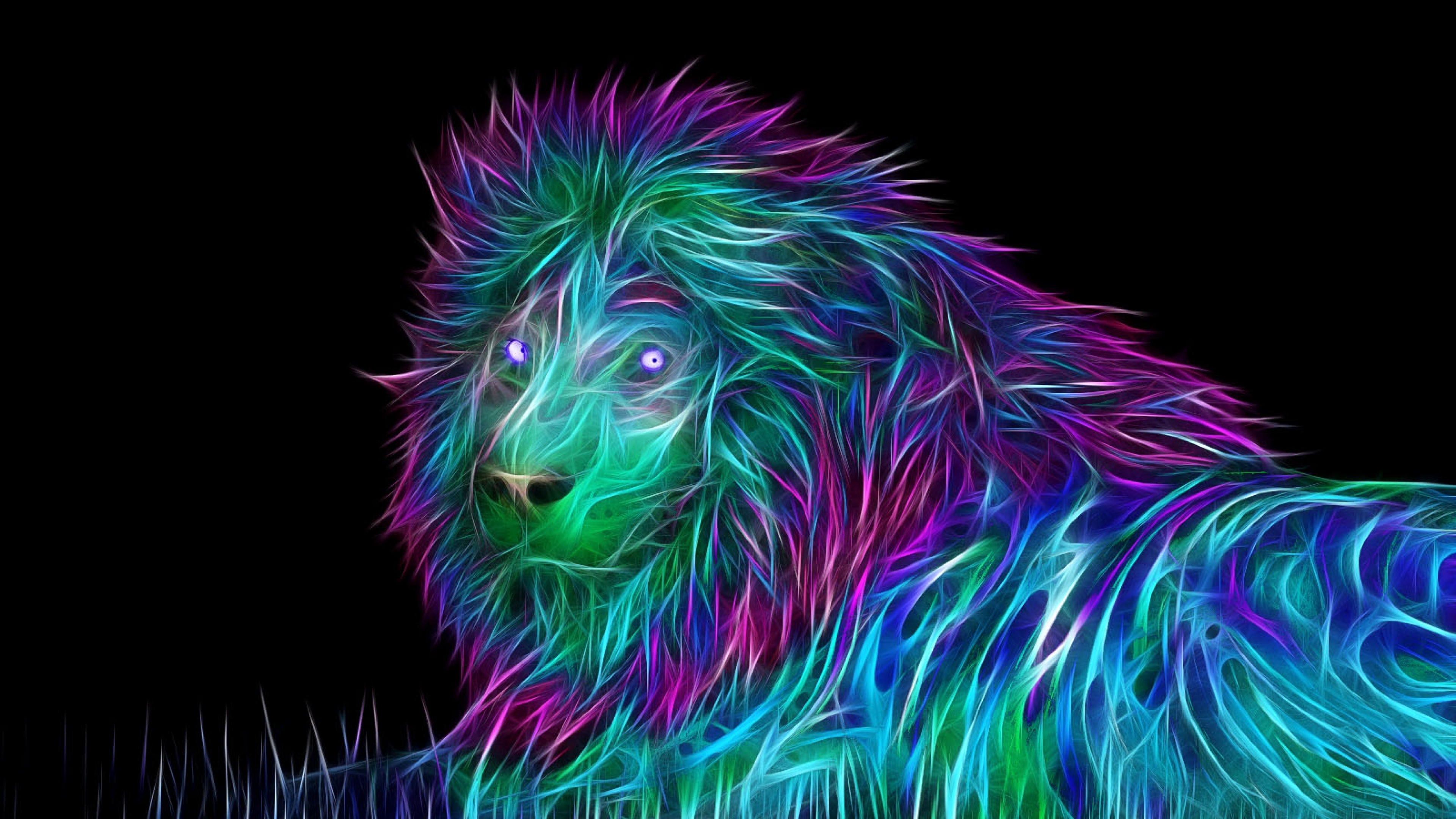 Abstract and vibrant depiction of a lion, created with fractal art, against a black background. The mane and body are composed of swirling lines of neon and bright colors, giving it an electric, otherworldly look