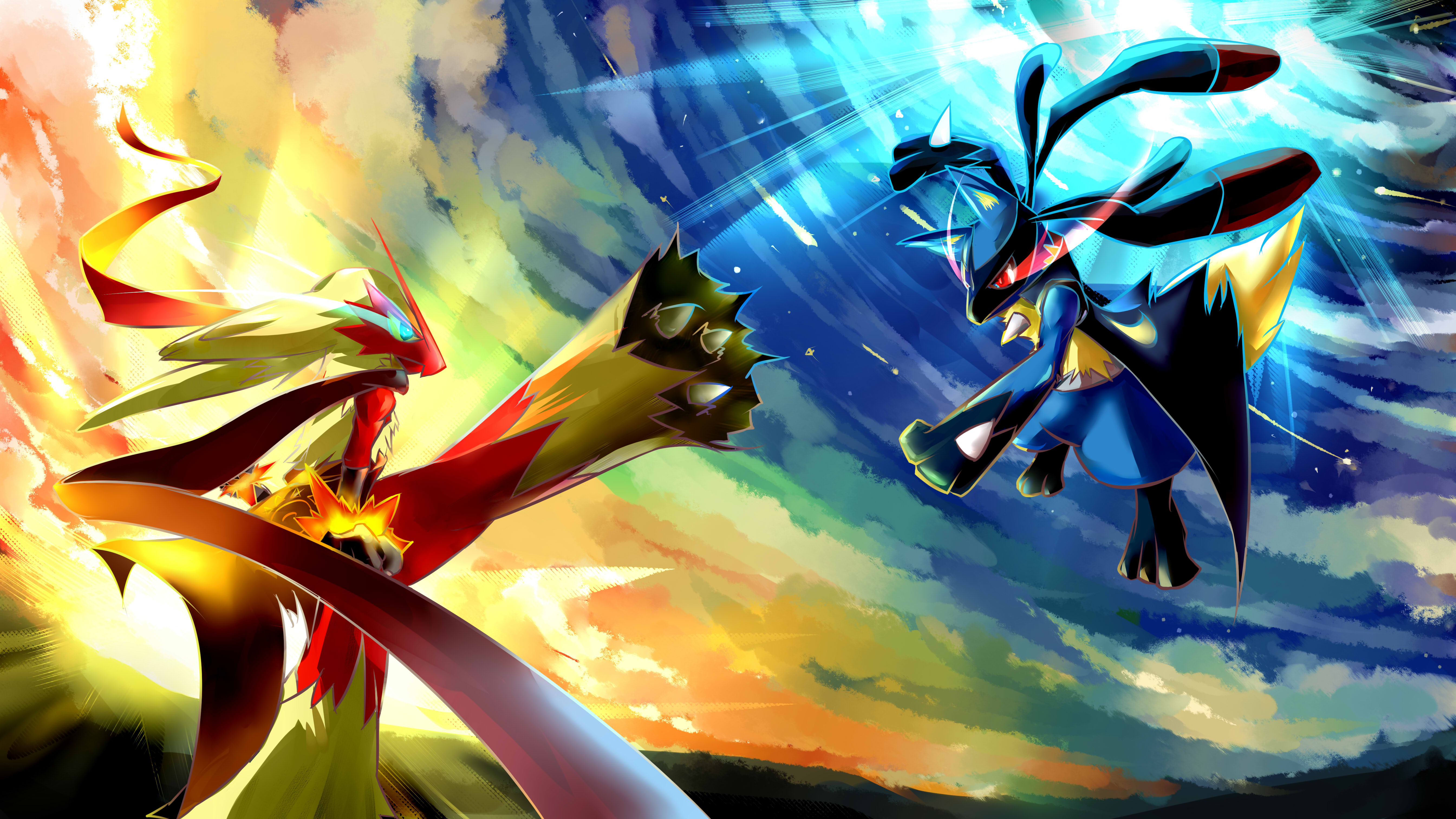 Two Pokemon, Victini and Lucario about to battle each other against a dynamic, colorful background, perfect for a pixel phone wallpaper