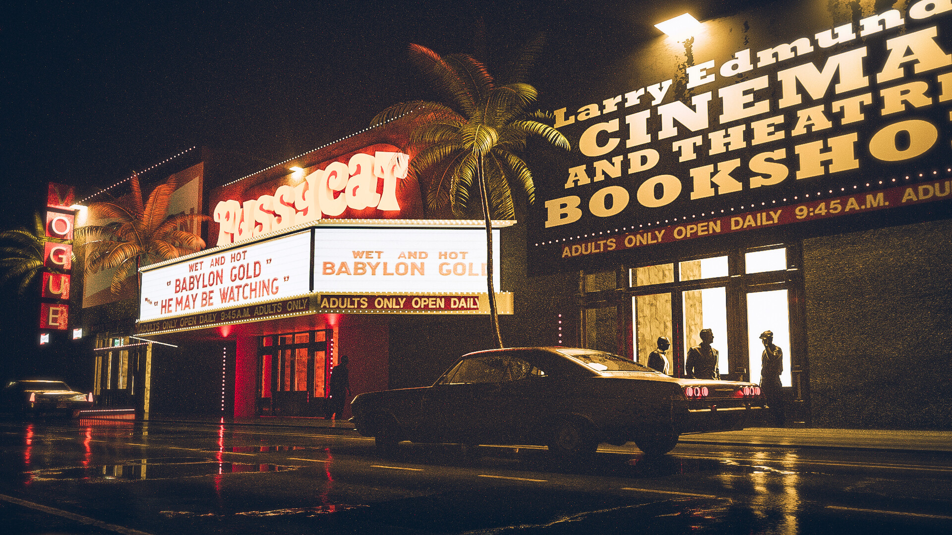 A vintage, neon-lit cinema at night, showcasing 