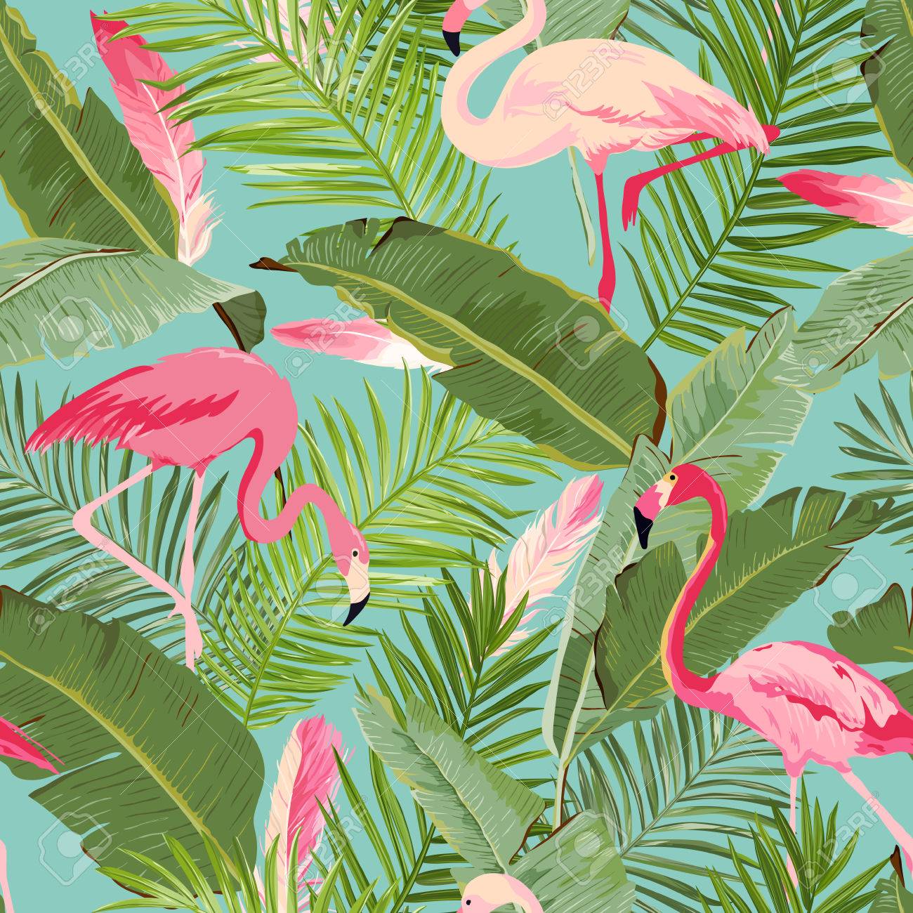 Tropical Seamless Vector Flamingo And Floral Summer Pattern