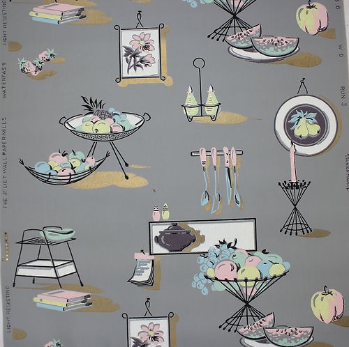 Retro Mid Century Kitchen Pink And Blue On Gray Vintage Wallpaper