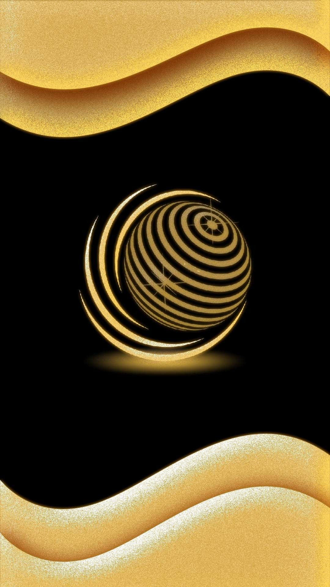 A luxurious black and gold phone wallpaper featuring an abstract golden globe design against a dark background, accented with glittering gold waves