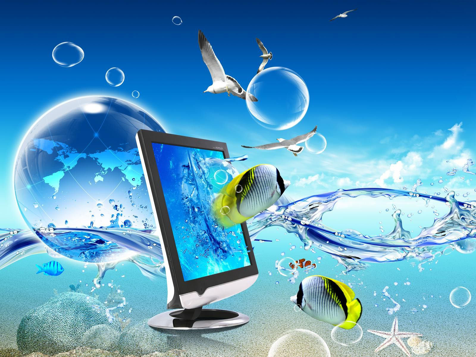 A vibrant desktop wallpaper featuring a computer monitor partially submerged in water, with exotic fish, a transparent globe, seagulls, and bubbles
