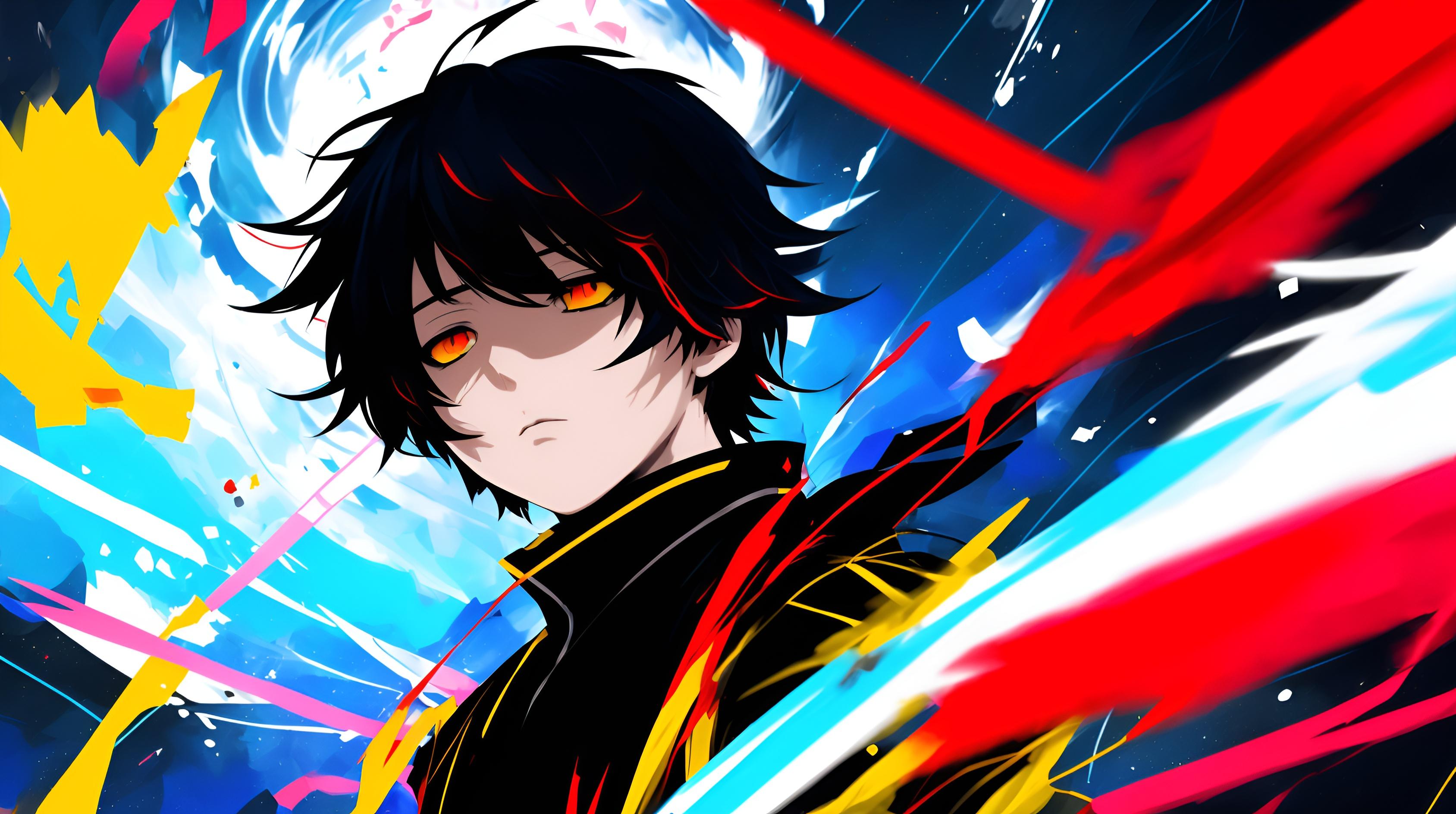 anime boy reality shattering like breaking glass colorful black