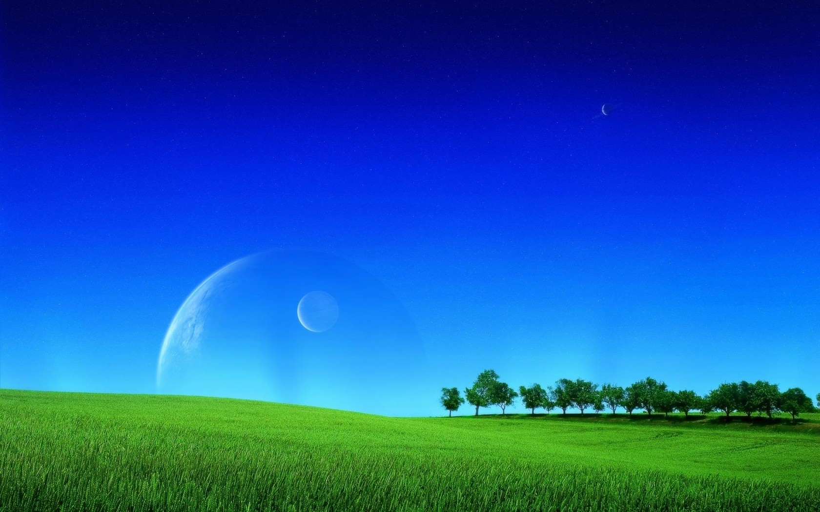 Wallpaper Green Meadow and two planets 1680x1050 Wallpapers 3d for