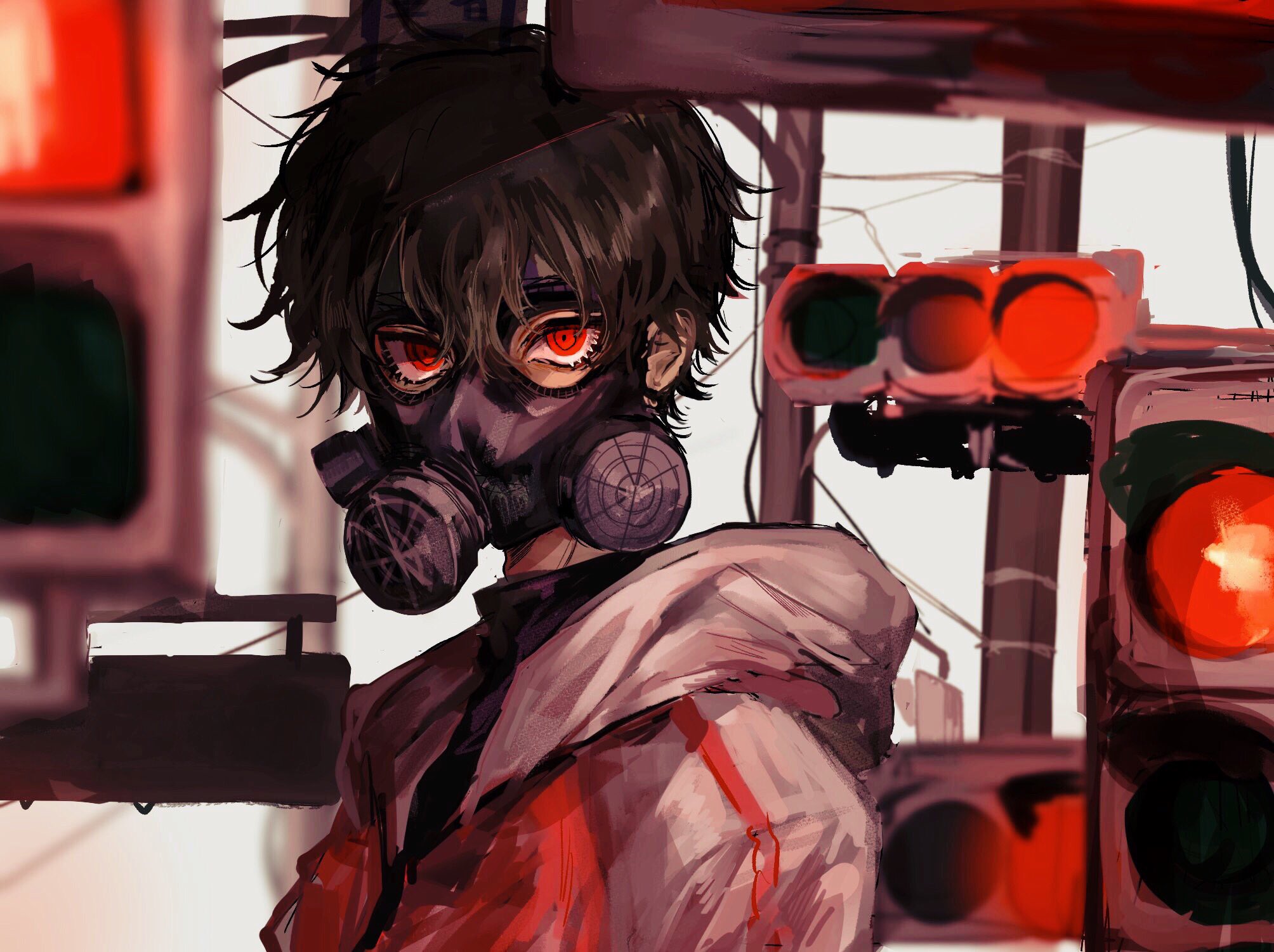 Gas Mask Red Eyes Black Hair Anime Boy HD Wallpaper