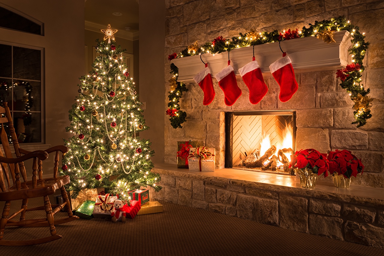 Desktop Wallpaper Christmas Socks Tree Fireplace Fairy