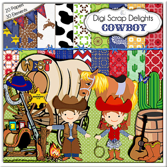 Cowboy Clip Art Digital Papers Scrapbooking Kits With Cowgirl