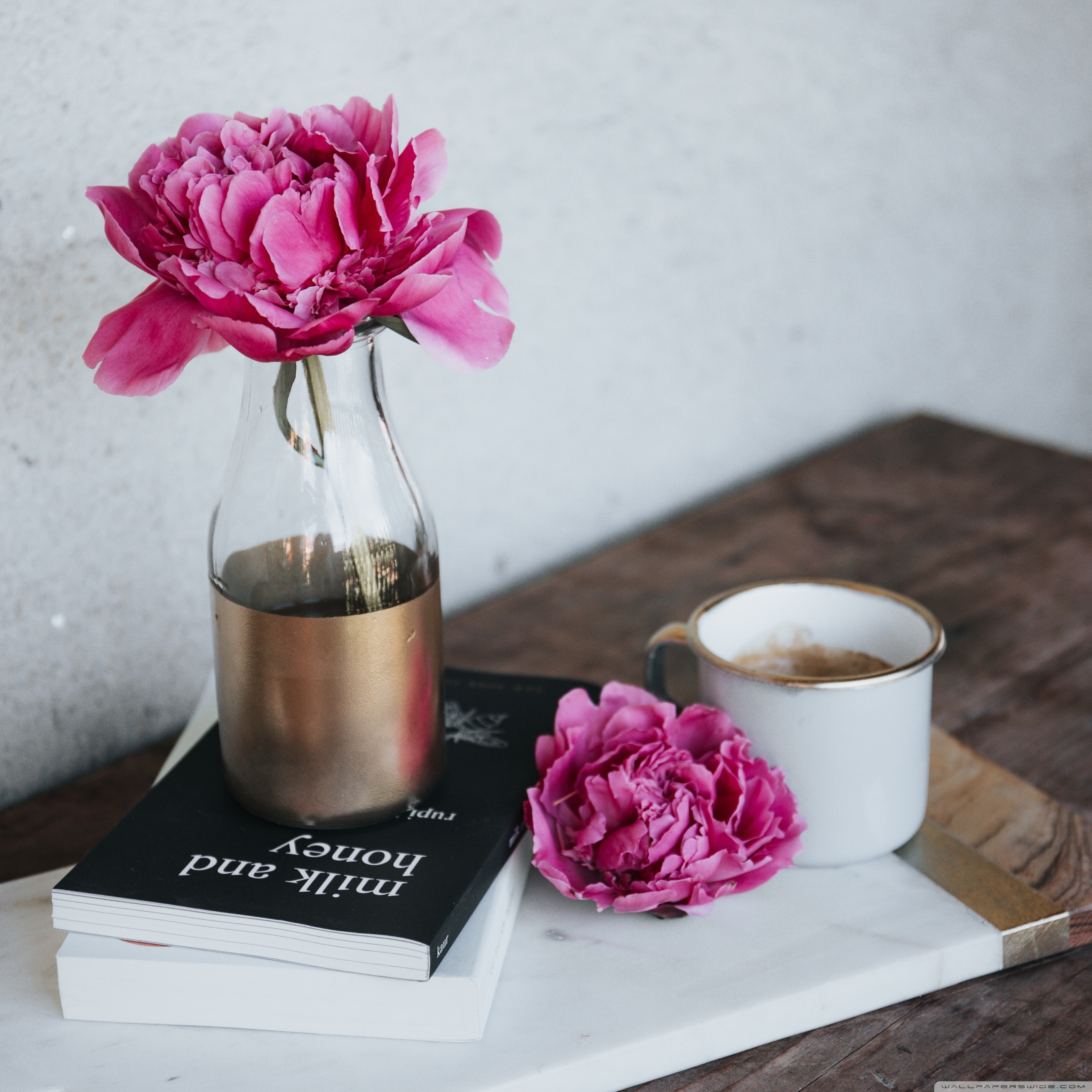 Pink Peony Flower Books Coffee Mug Wooden Table Ultra HD