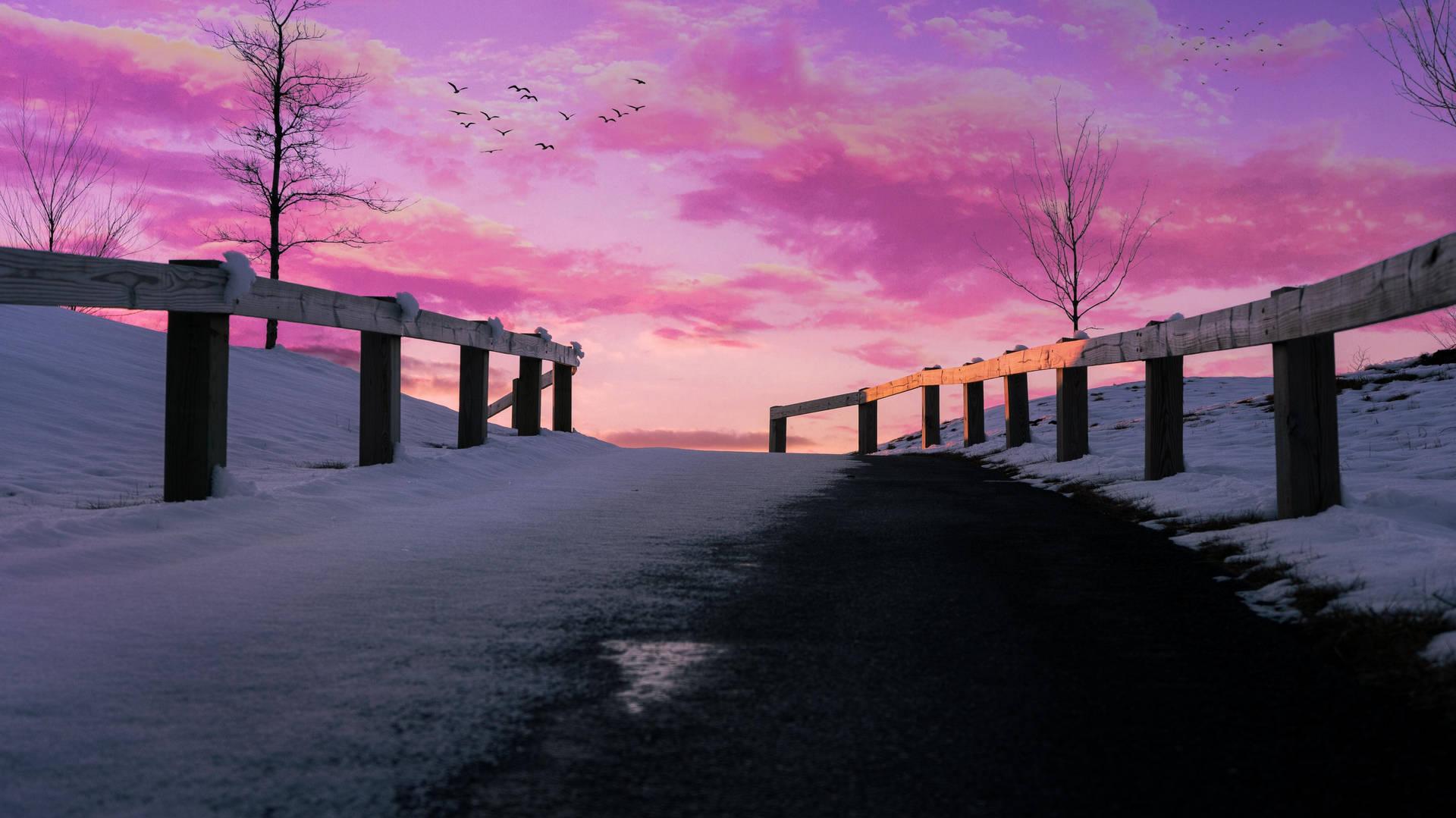 Download Pink Sunset Over Winter Trail iMac 4K Wallpaper