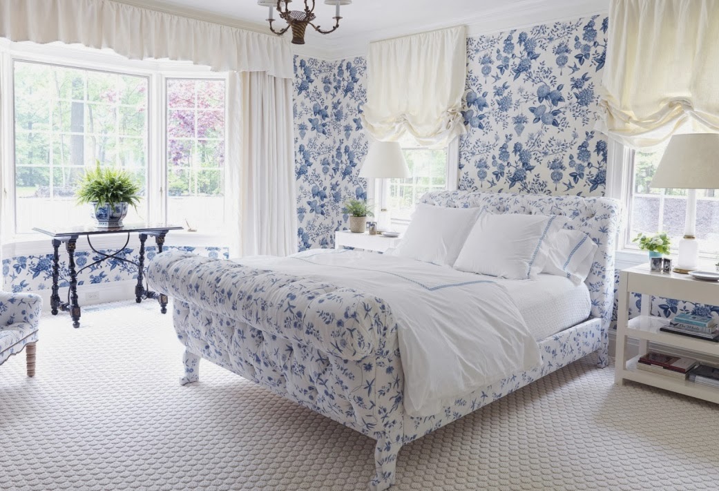 An All Over Floral In China Blue Adorns Walls And Upholstered