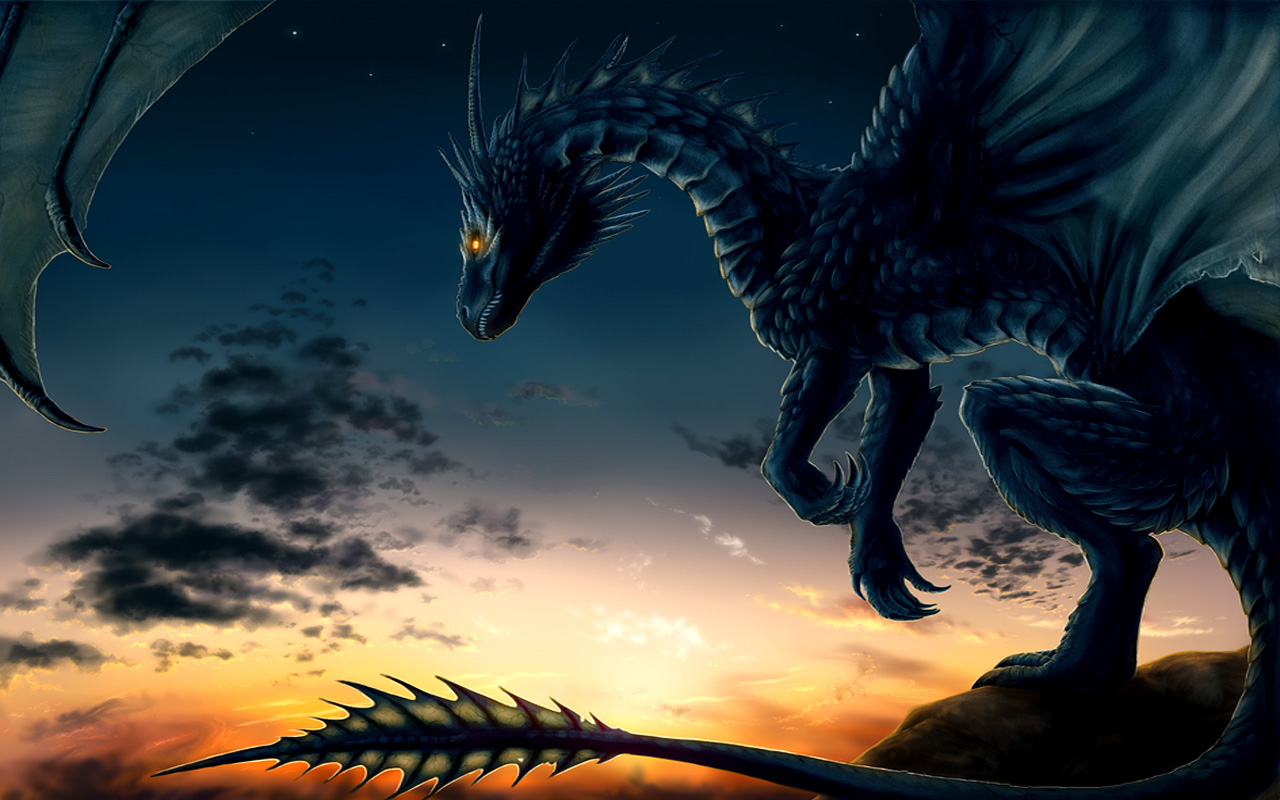 A majestic black dragon perched on a cliff edge against a vibrant sunset, its wings partially spread, scales shimmering in the fading light