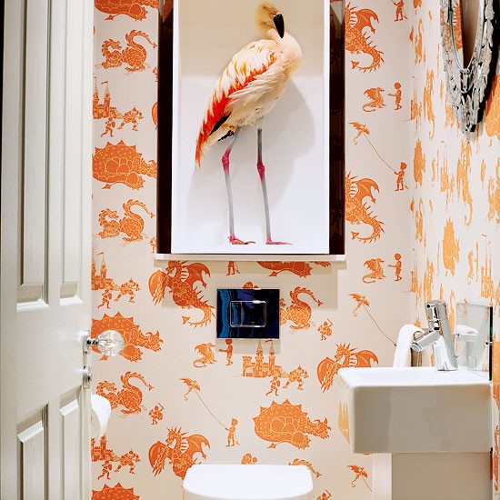 Cloakroom With Bold Orange And White Wallpaper Modern