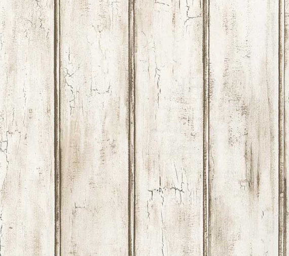 Distressed White Beadboard Faux Wood Wallpaper   Aged Brown Patina