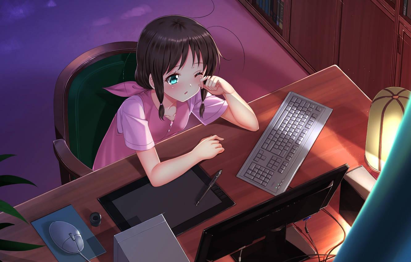 Anime Girl Holds Back Drowsiness In Front Of Laptop