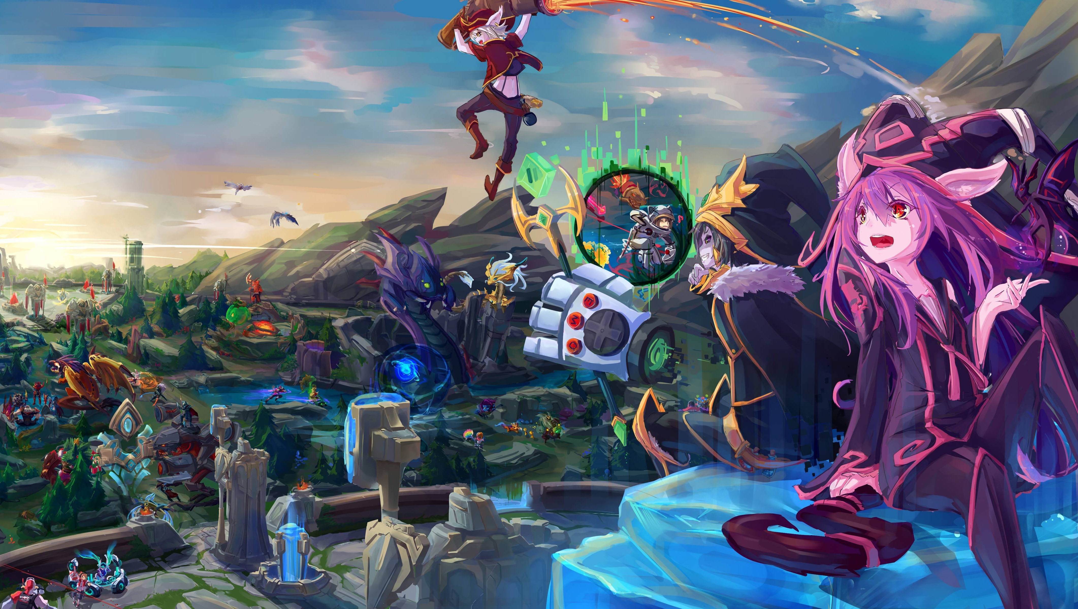 A vibrant and dynamic League of Legends wallpaper featuring various champions and elements of Summoner's Rift, including a whimsical, oversized Blitzcrank's Rocket Grab and characters like Lulu and Tristana in the foreground