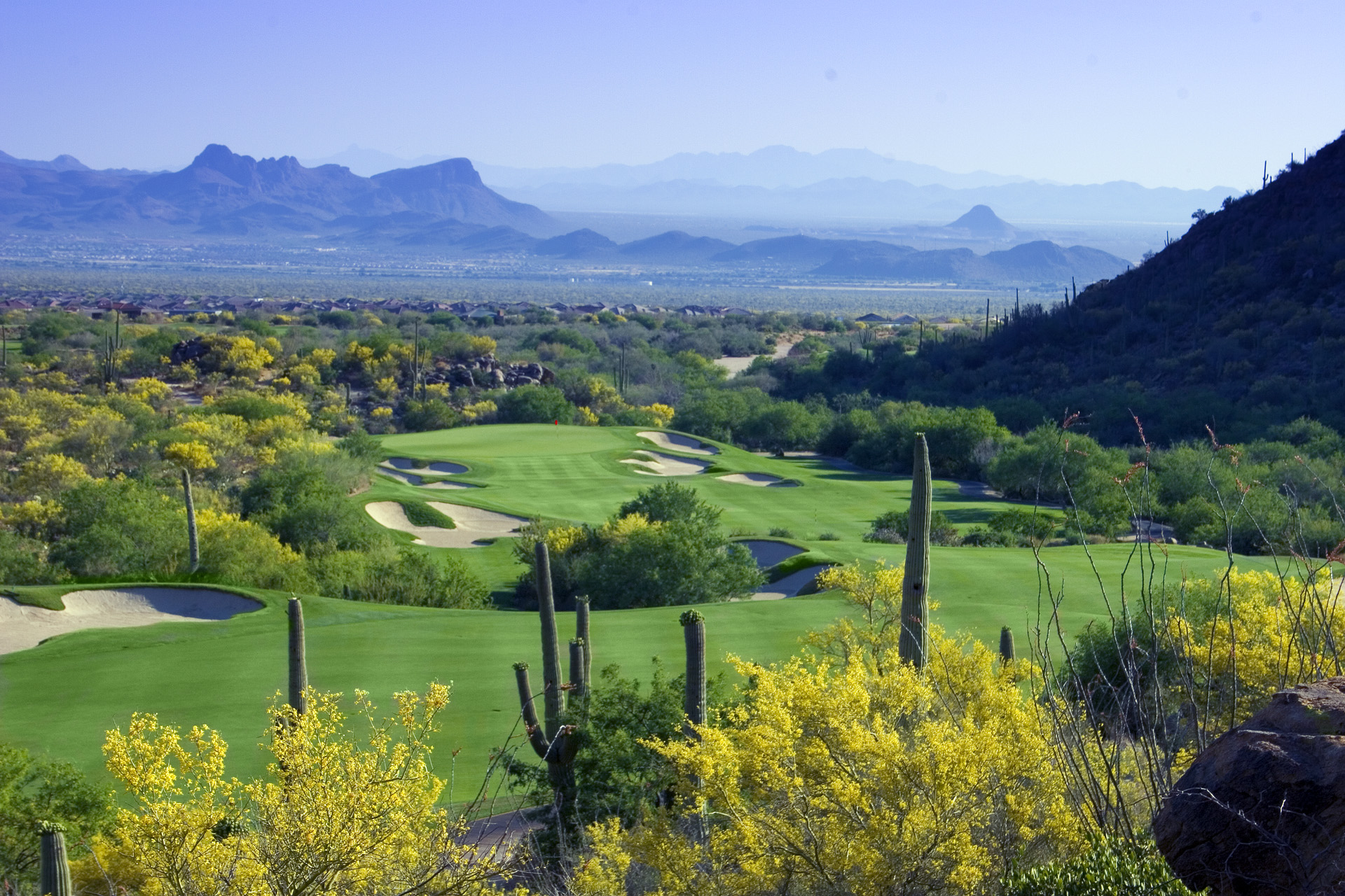 The Golf Course In Tucson Arizona With Homes Background