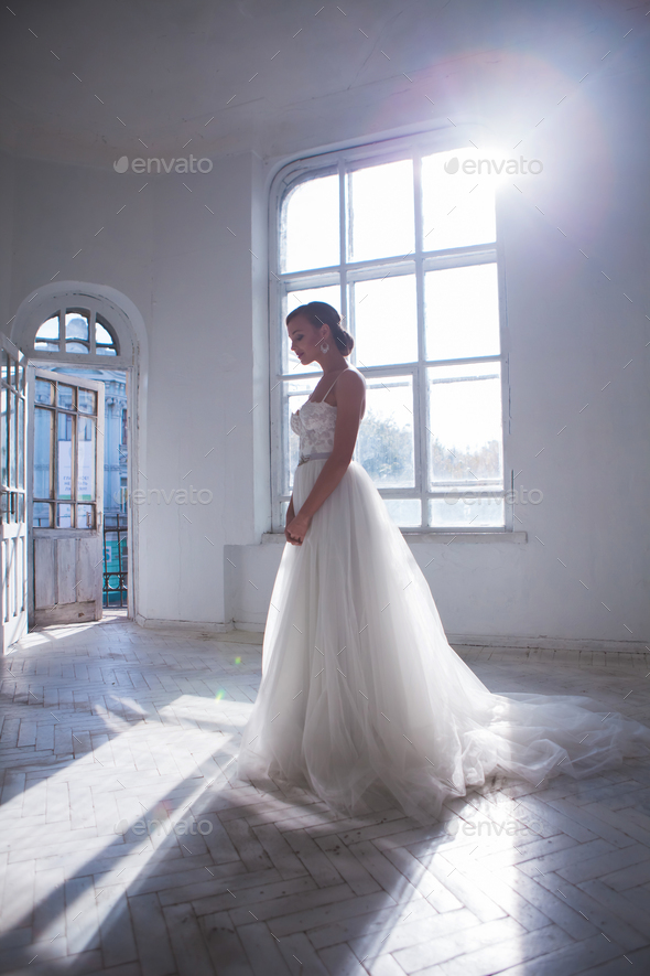 Beautiful Bride In Wedding Dress White Background Stock Photo By