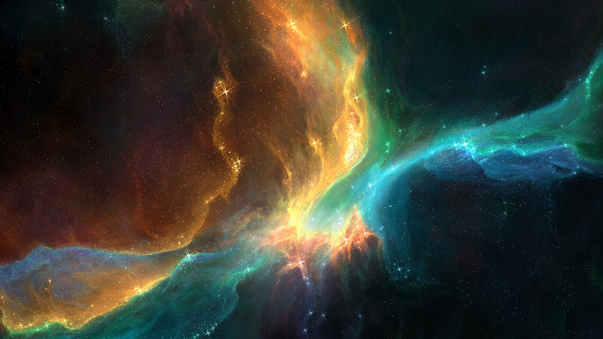A stunning wallpaper showcasing a vibrant nebula with swirling cosmic dust and glowing stars