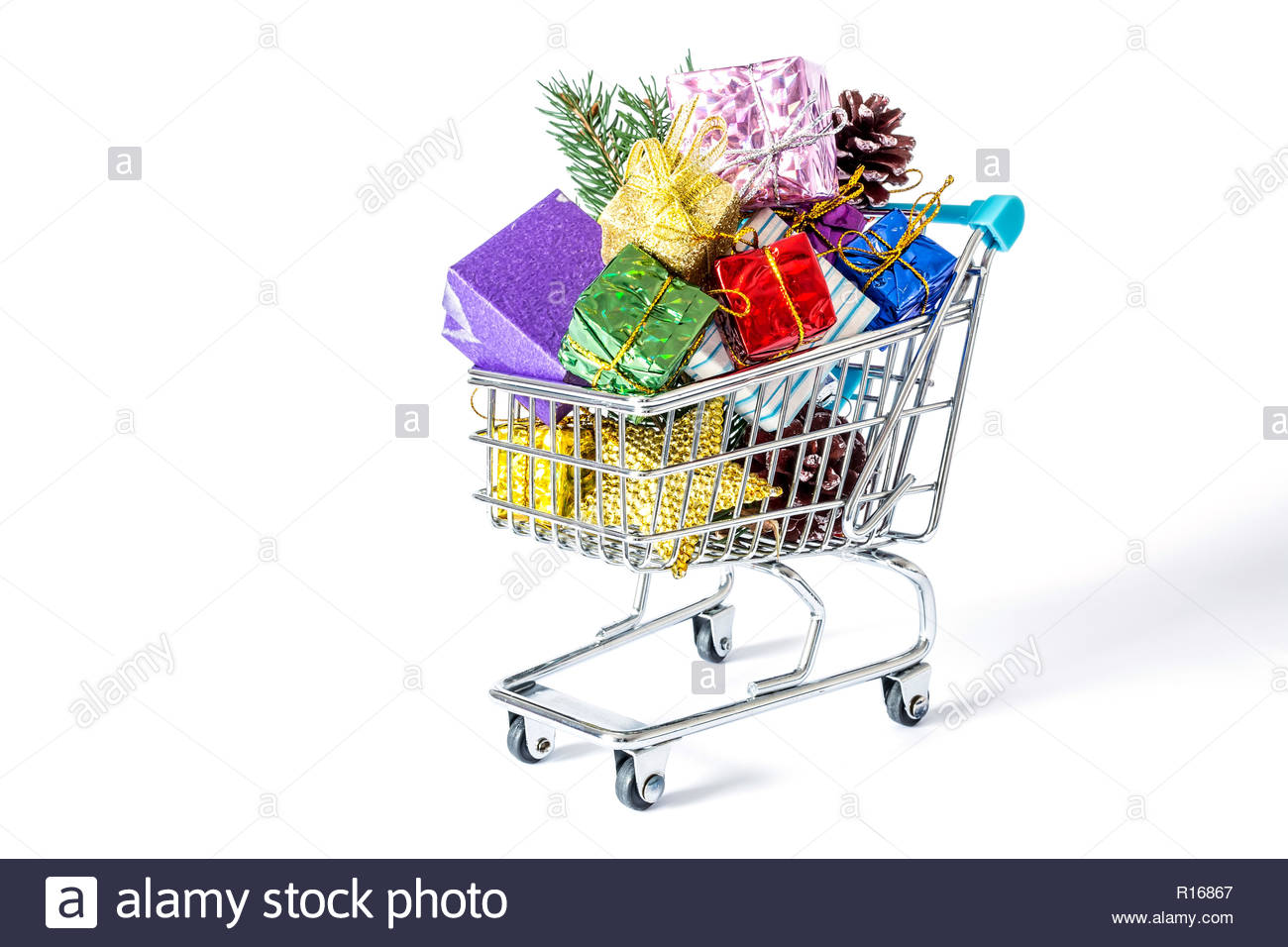 New Year S Gifts In A Shopping Trolley Close Up Isolated On