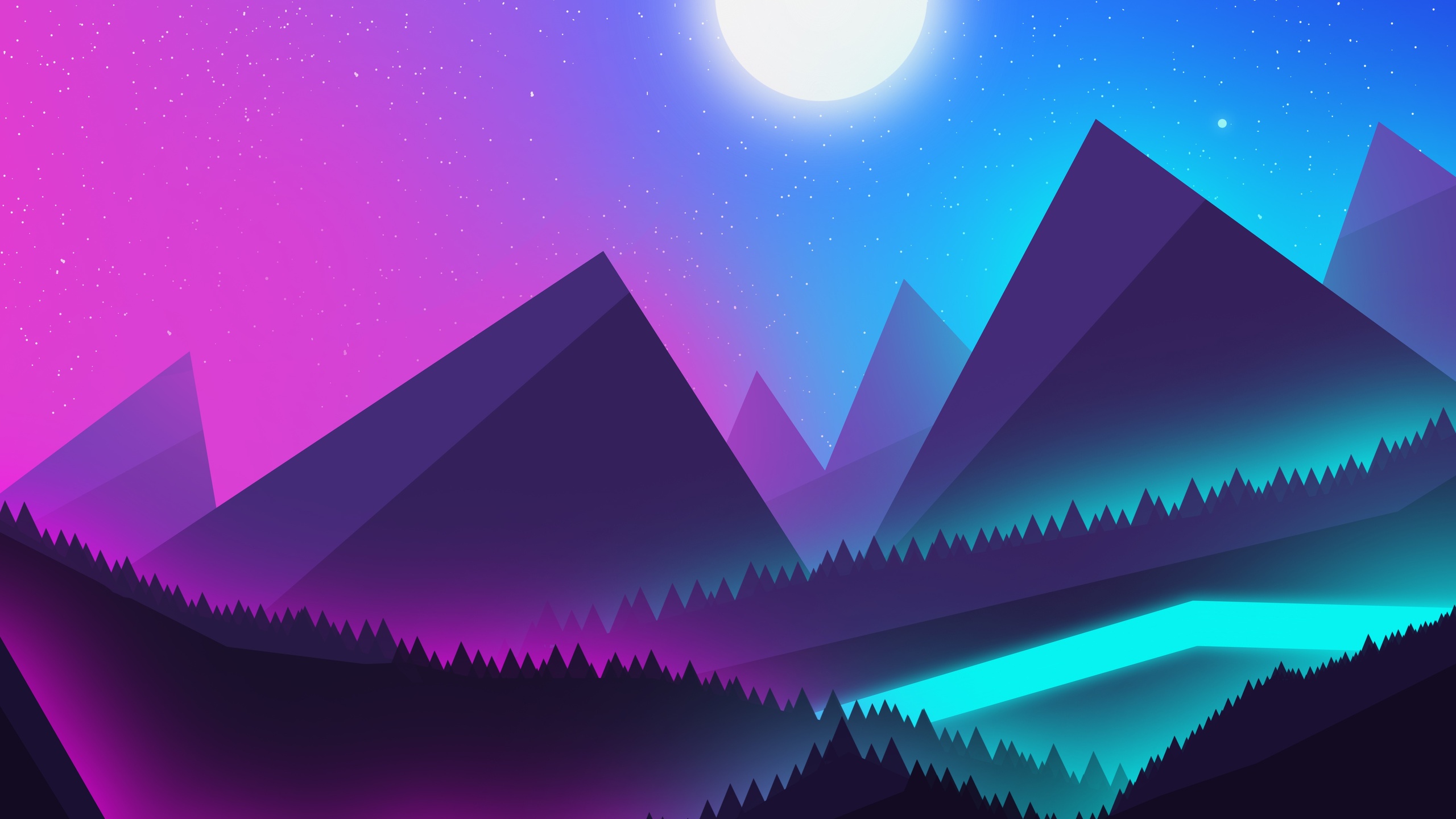 Minimalist 4K wallpaper featuring a vibrant, geometric mountain landscape under a starry night sky with a bright moon. A glowing turquoise river flows through the scene, adding a touch of neon to the otherwise cool color palette