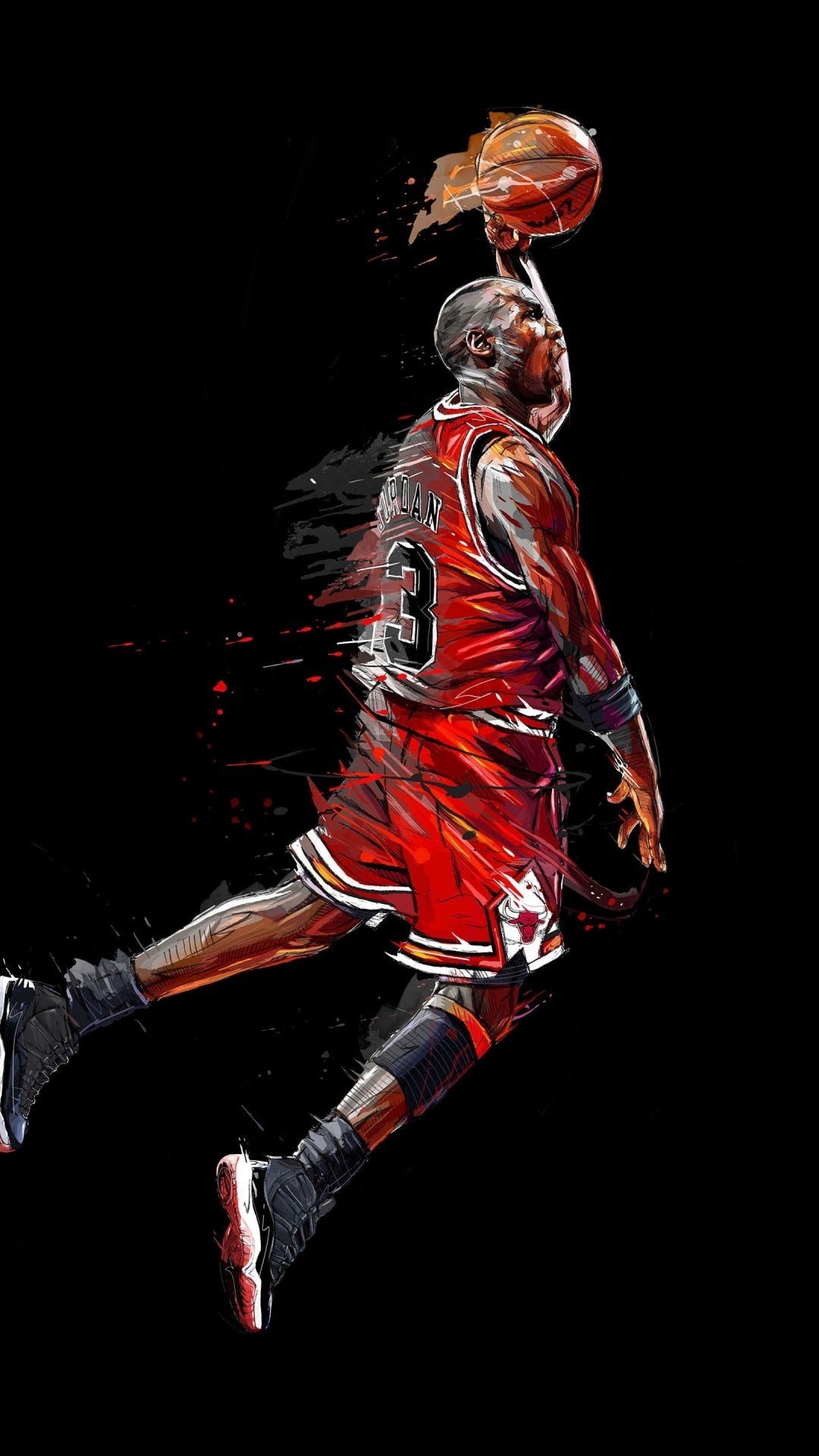 Michael Jordan performing a breathtaking slam dunk in his iconic Chicago Bulls jersey