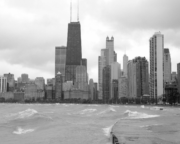 Chicago Black White Background Rough Waters On Lakefront
