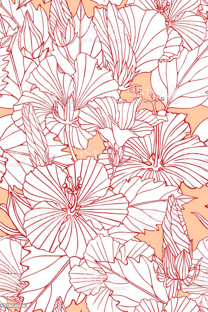 Seamless Pattern With Flowers Of Hibiscus Red Outline And White