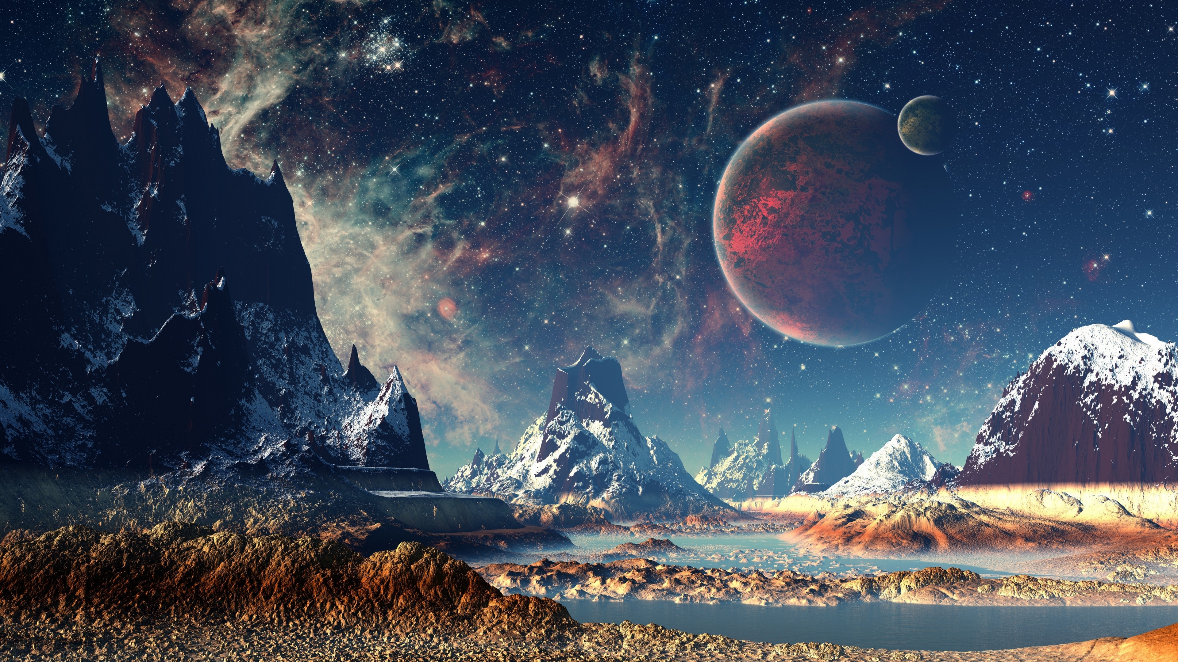 A breathtaking 4k wallpaper showcasing a stunning alien landscape with towering, snow-capped mountains, a serene lake reflecting the colorful nebulae in the sky, and large, vibrant planets dominating the horizon