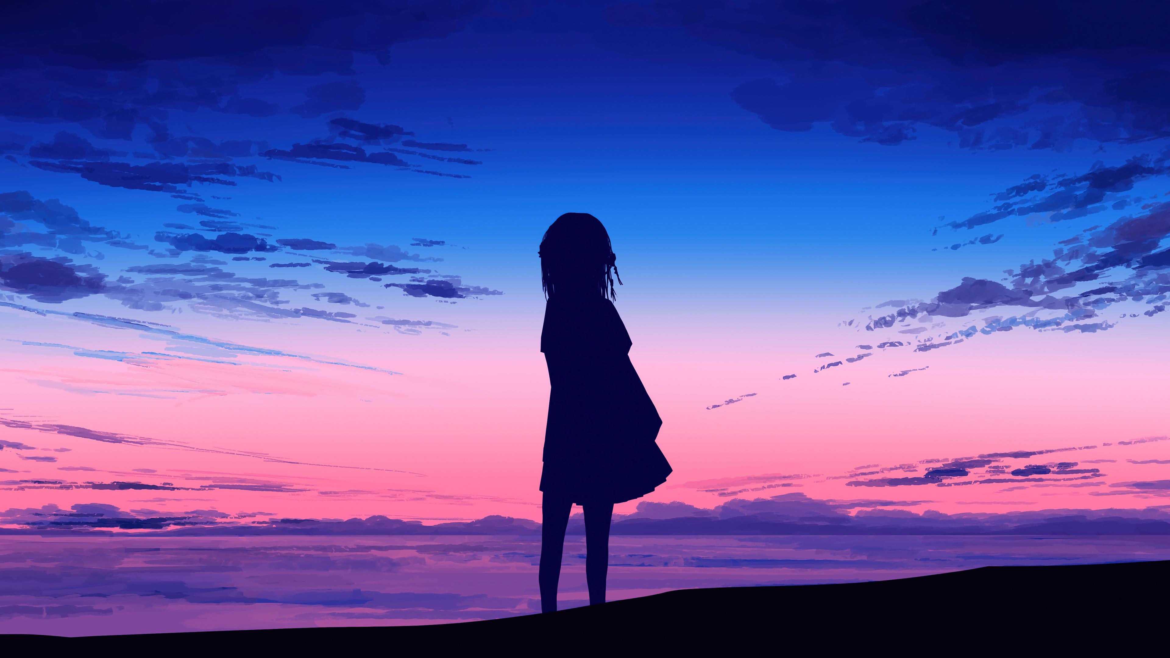 Anime Girl Silhouette Sunrise Scenery 4K Wallpaper iPhone HD Phone