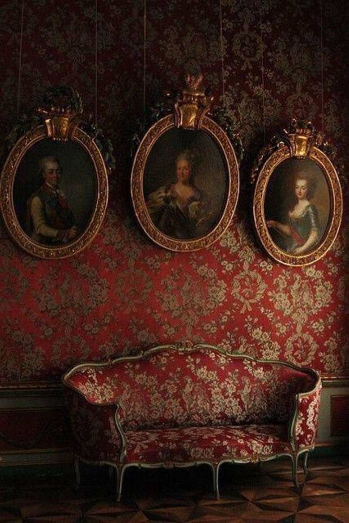 Dark Gothic Victorian House Interior With Red Wallpaper