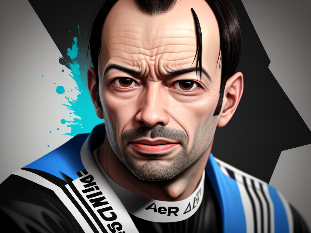 Caricature of a man with dark hair, possibly a driver or team member, wearing a racing suit with 'MINDS' and 'Aer' visible