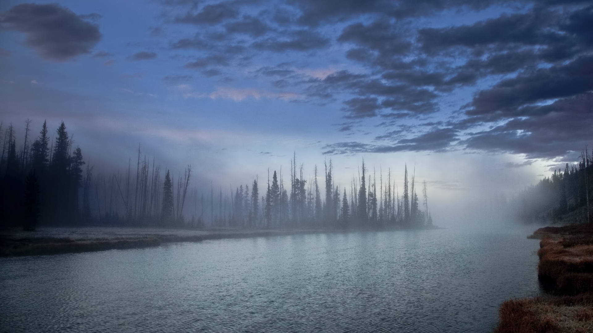 Now Full HD Wallpaper Fog River Forest Autumn Alaska Overcast