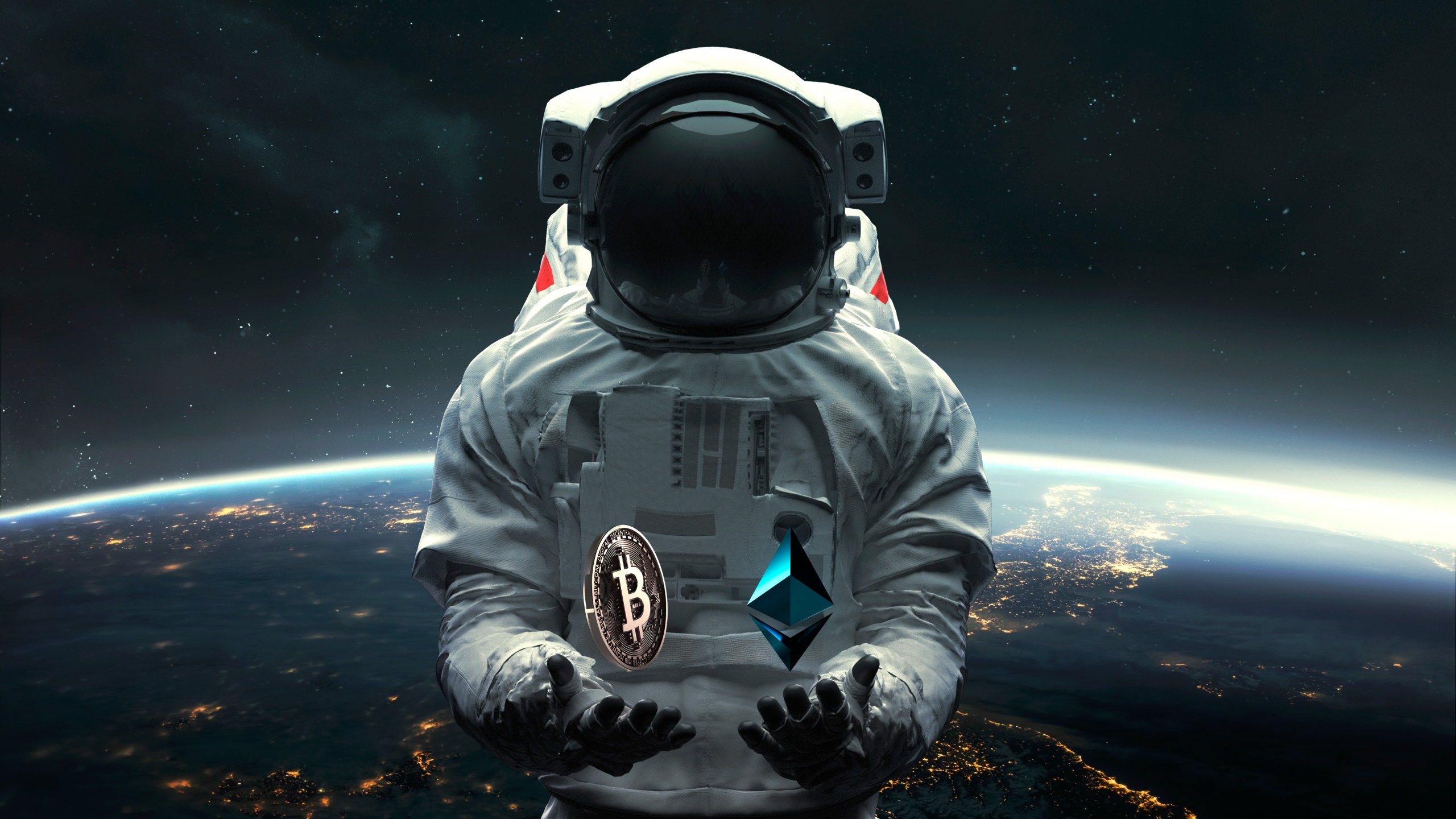 Astronaut in space holding Bitcoin and Ethereum logos, symbolizing the future of cryptocurrency