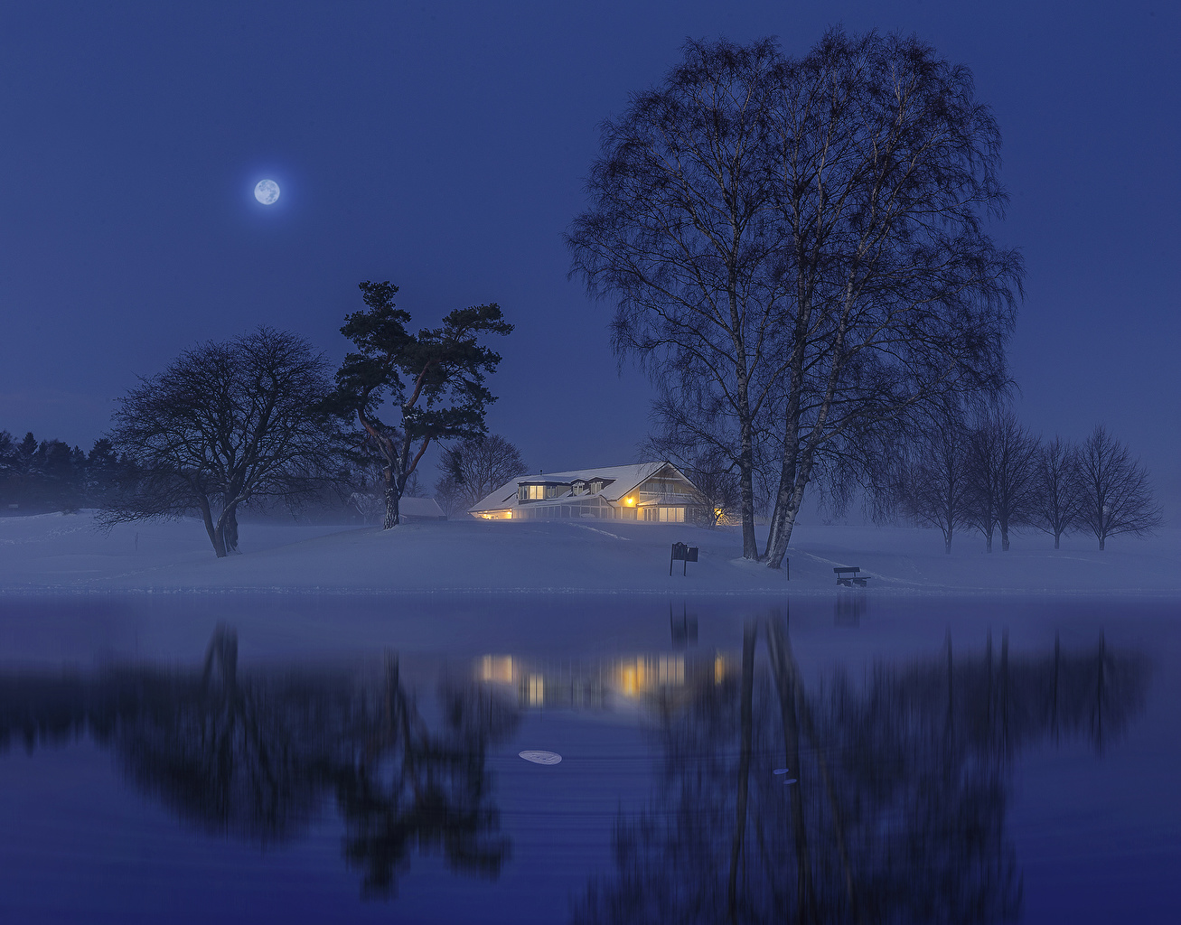 Wallpaper Sweden Nature Winter Moon Snow Night River Trees Building
