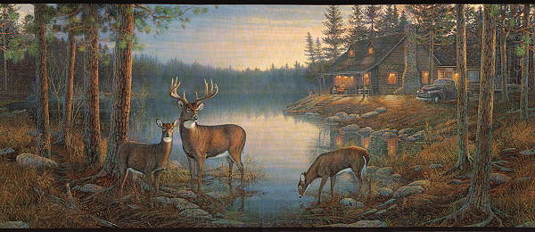 Wall Border With Deer Near A Cabin