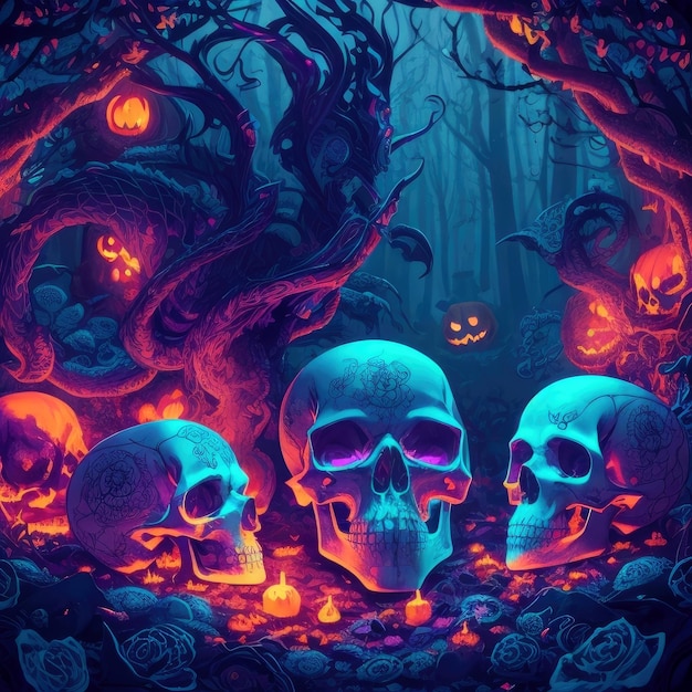 Halloween Illustration Showcasing Neon Skulls Wallpaper