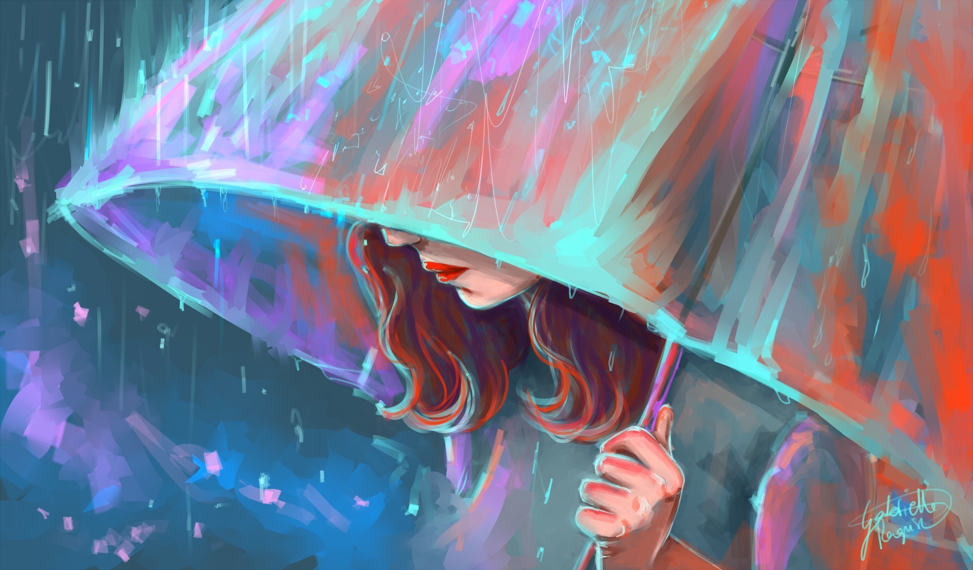Image Young Woman Rain Parasol Painting Art