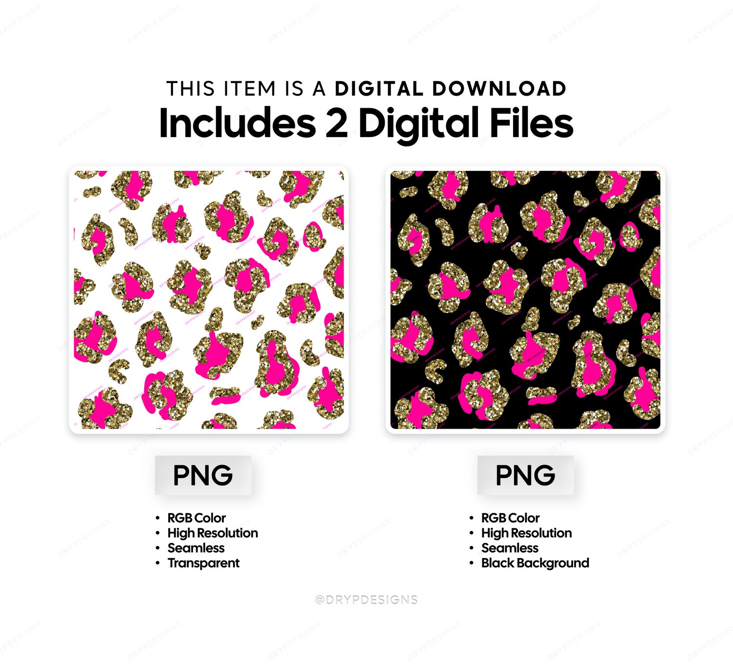 Two variations of a glitter leopard print design. One with a transparent background and pink and gold leopard spots and the other with a black background and the same spots