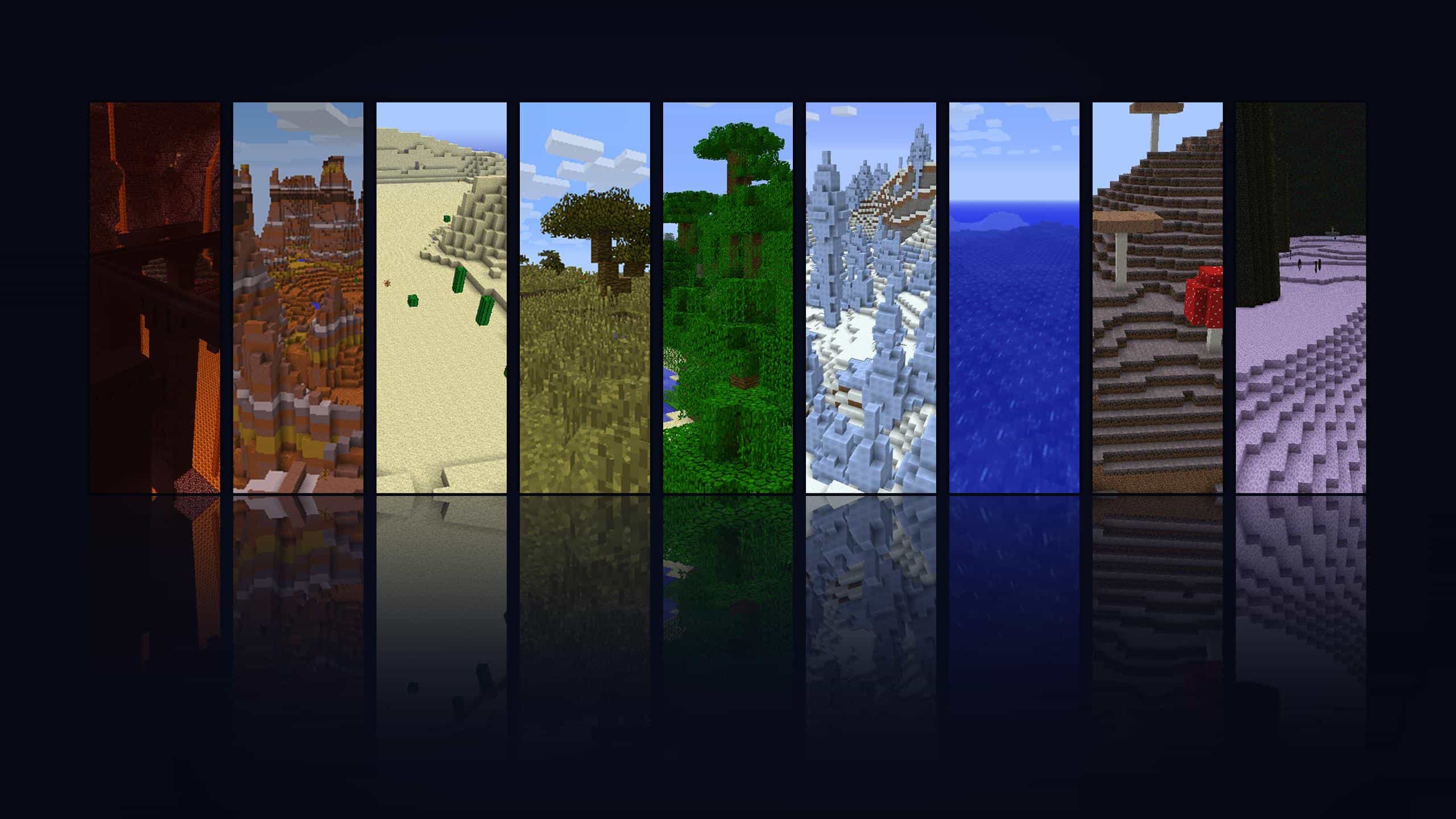 Collage of Minecraft biomes reflected on a dark surface, showcasing the diversity of the game's environments